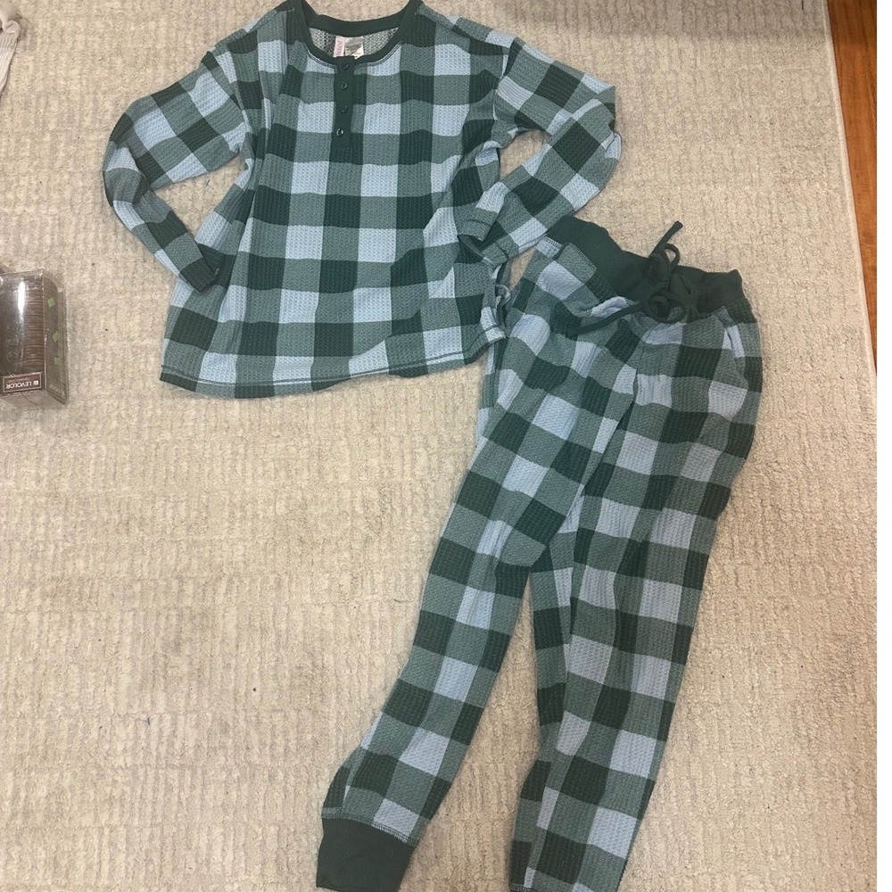 Joyspun Womens Green Buffalo Plaid Waffle Knit Henley Pajama Set Joggers sz M